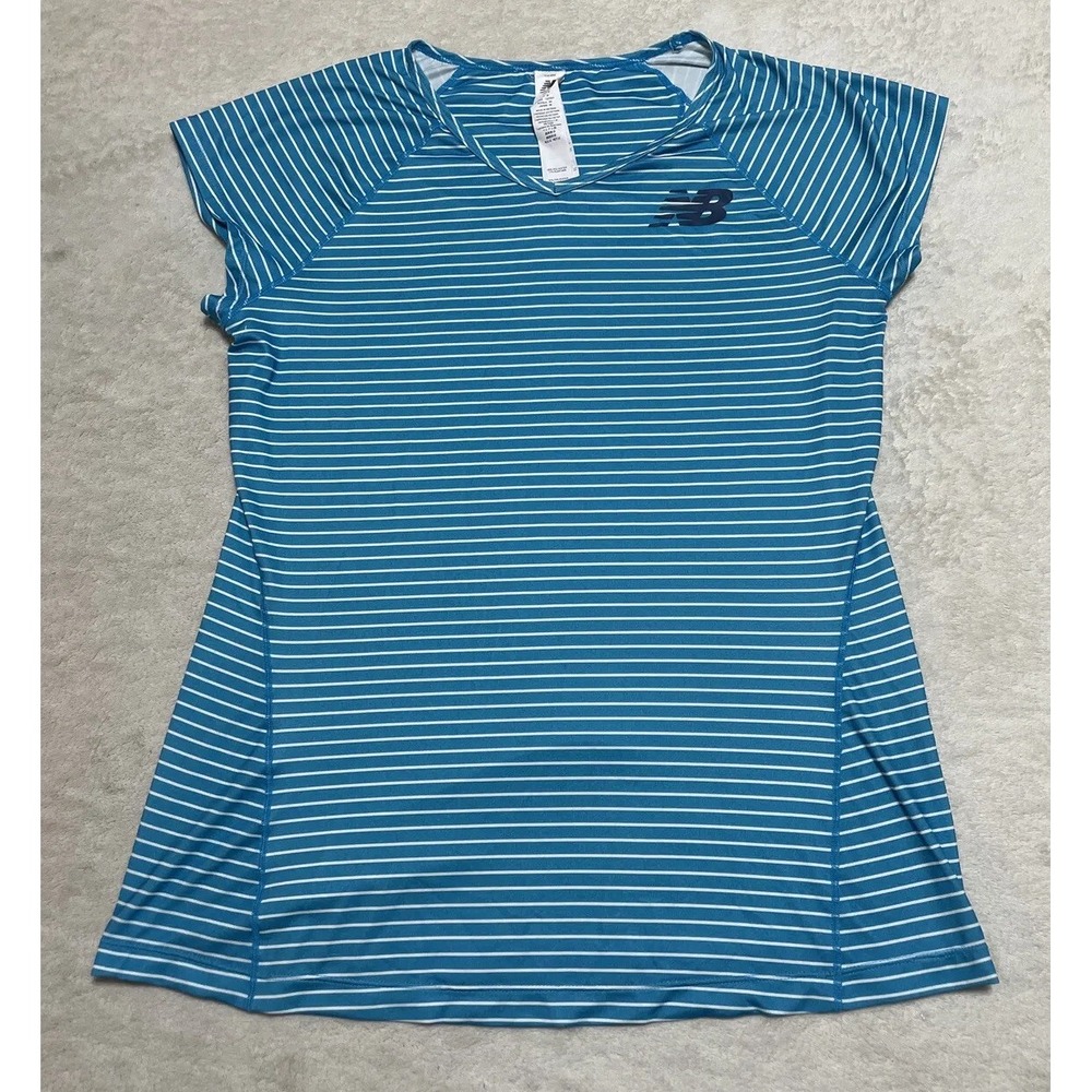New Balance T Shirt Womens Small Running Blue White Short Sleeve Striped Tee